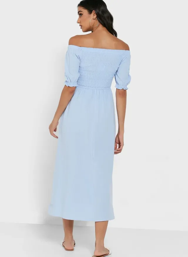 Blue Off-Shoulder Fit & Flare Midi Dress with Short Puffed Sleeves – image 2