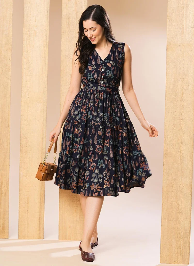 Ethnic Printed Tiered Fit & Flare Midi Dress