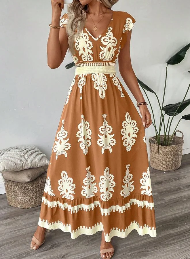 Graphic Print Elastic Waist Maxi Dress Orange