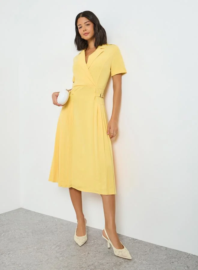 Buckle Pleat Midi Dress Yellow