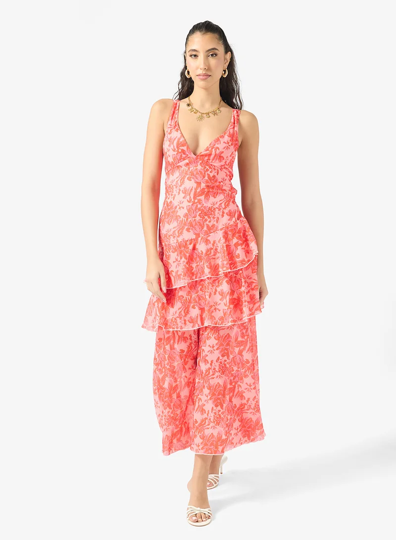 Plunge Floral Ruffle Dress