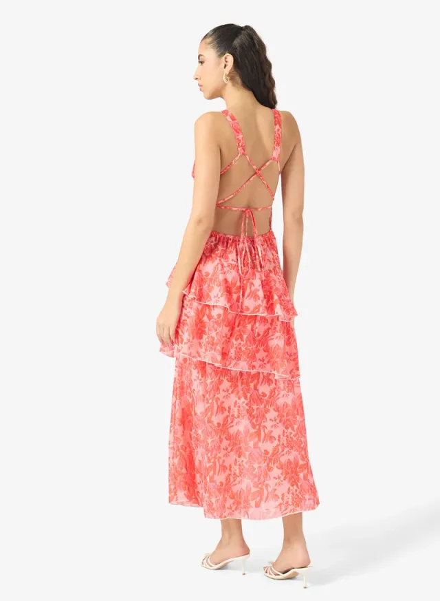 Coral Pink Floral Ruffle Tiered Midi Dress – image 2