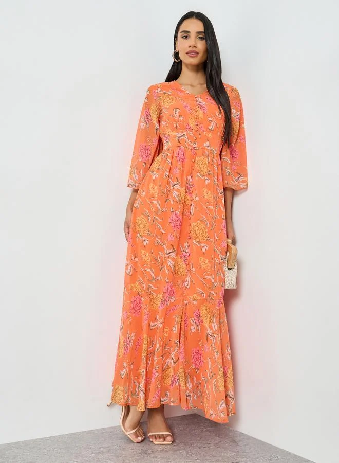 Floral 3/4 Sleeve Mermaid Maxi Dress Orange