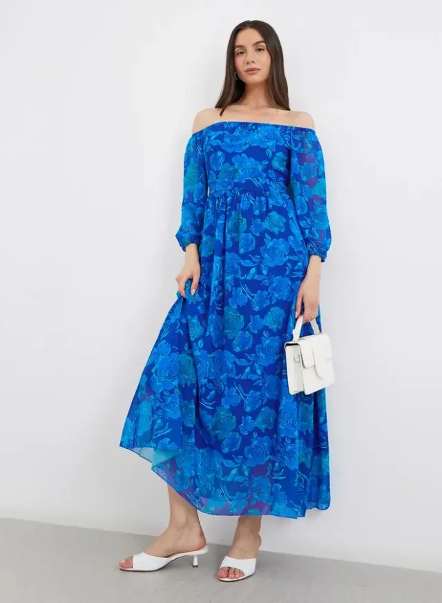 Off Shoulder Floral Print A-Line Maxi Dress