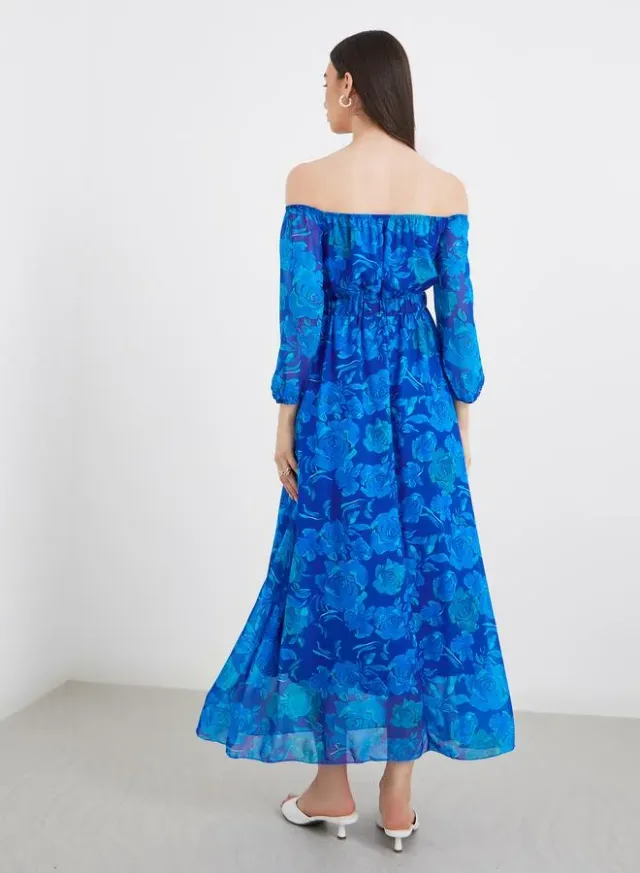 Off Shoulder Floral Print A-Line Maxi Dress – image 5