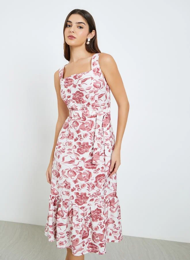 Floral Strappy A-Line Midi Dress Red