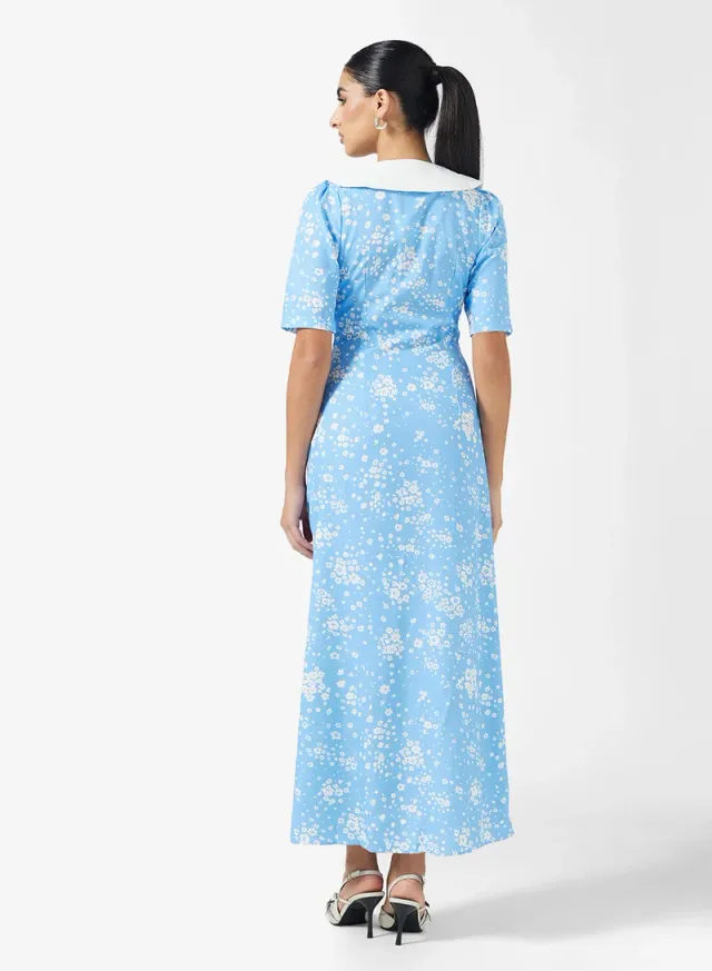 Sky Blue Floral Maxi Dress, Collared, Short Sleeves, Fit & Flare Style – image 2