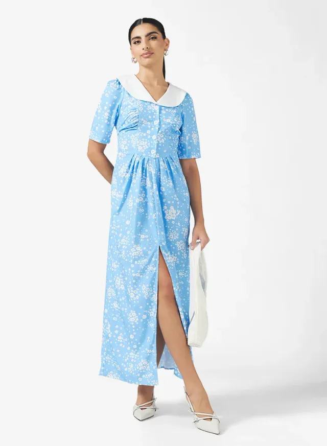 Sky Blue Floral Maxi Dress, Collared, Short Sleeves, Fit & Flare Style – image 4