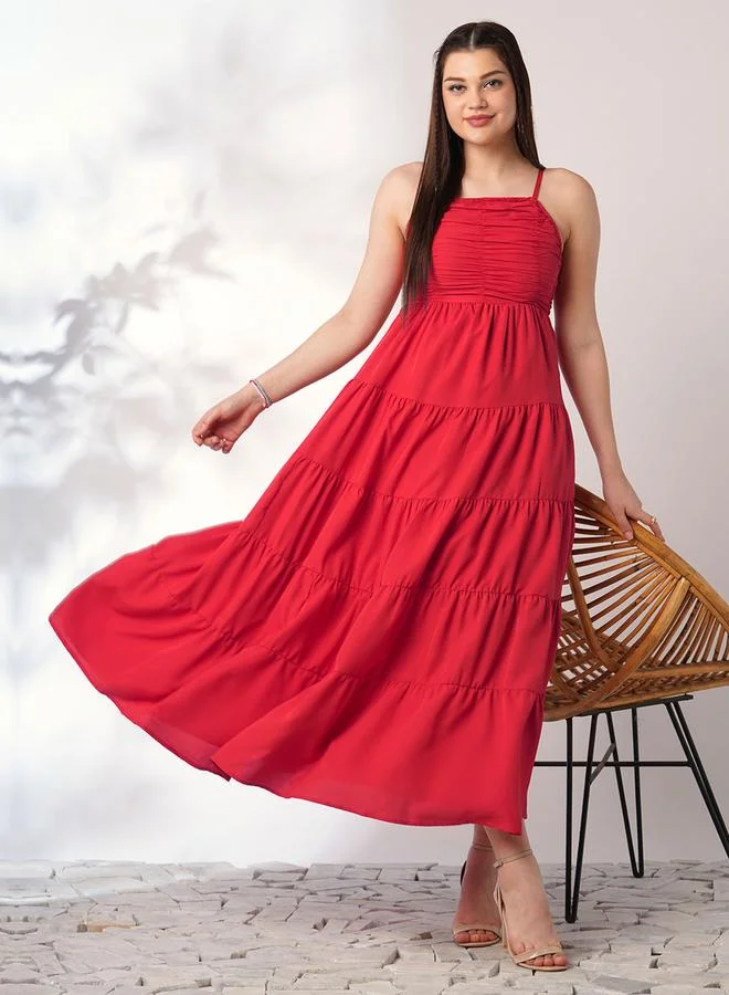 Women's Square Neck Strappy Tiered Maxi Dress Red