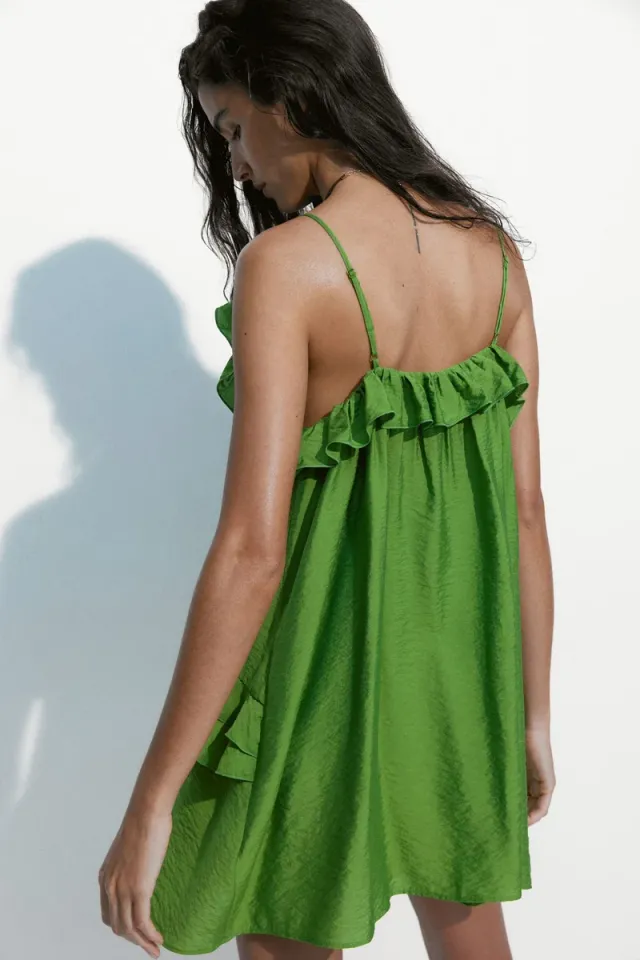 Lime Green V-Neck Sleeveless Tiered Flared Midi Dress – image 5