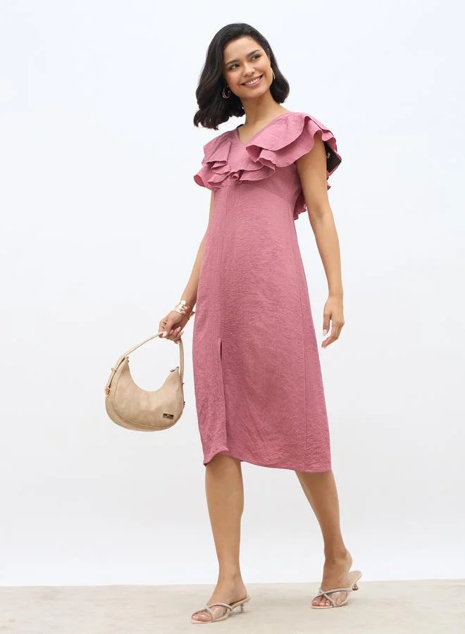 Ruffled V-Neck A-Line Midi Dress