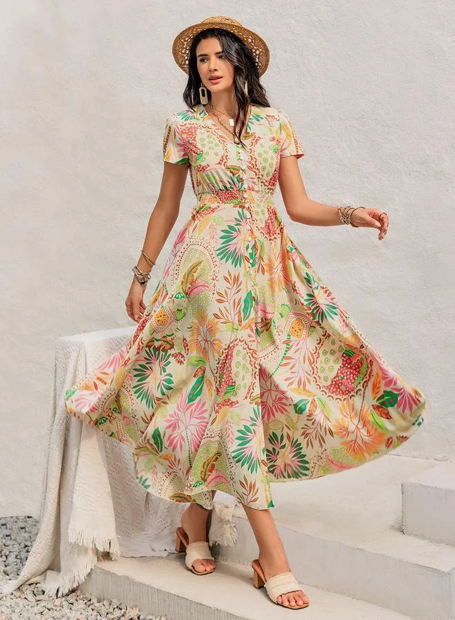 Floral Print V-Neck Short-Sleeve Dress