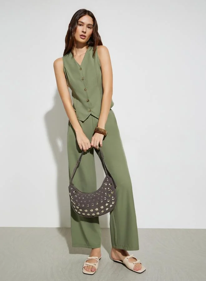 Sleeveless Waistcoat & Wide Leg Pants Co-Ord, Olive