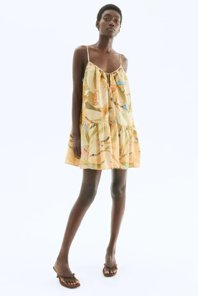 Beige Tropical Print Mini A-Line Strappy Dress