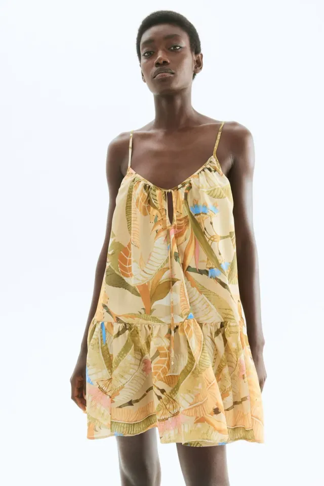 Beige Tropical Print Mini A-Line Strappy Dress – image 2