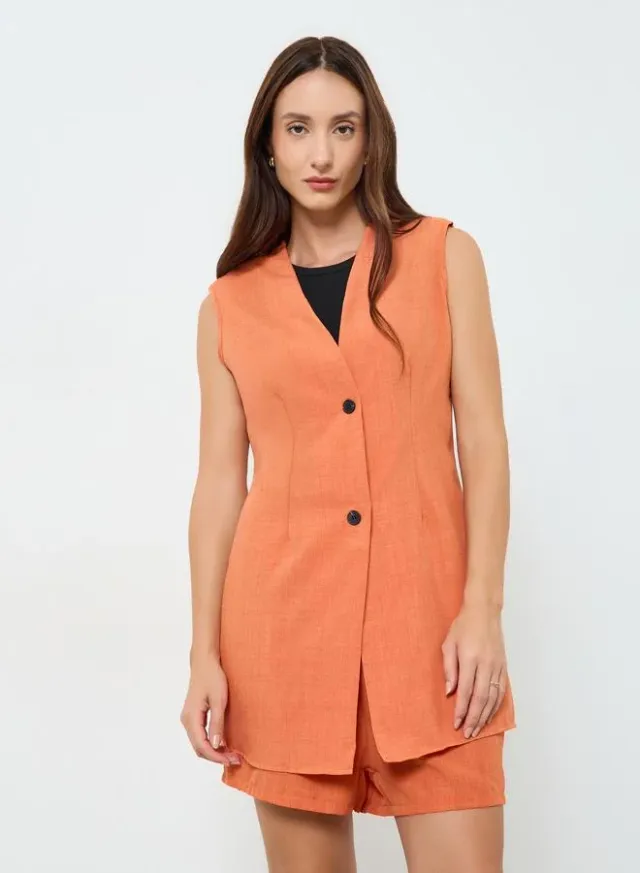Women's Orange V-Neck Sleeveless Blazer and Shorts Set – image 4