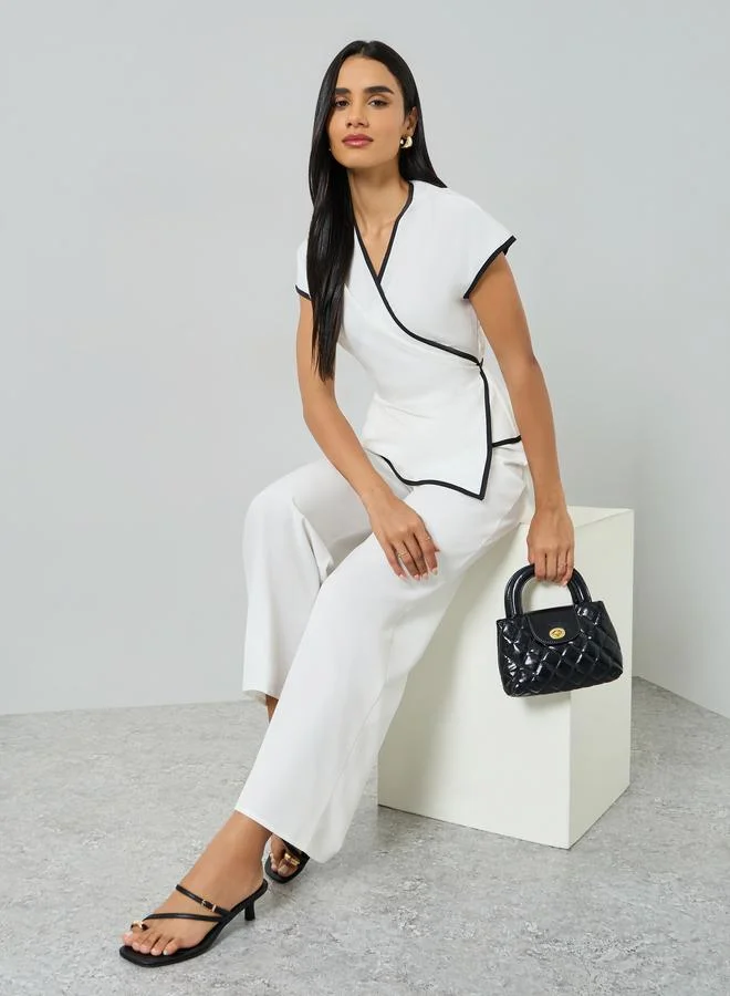 Contrast Trim V-Neck Co-ord Set White