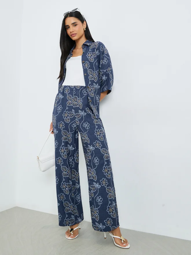 Floral Print Shirt & Trousers Co-ord, Navy Blue