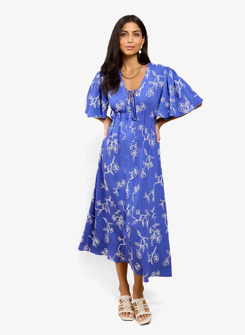 Embroidered Midi Dress Blue