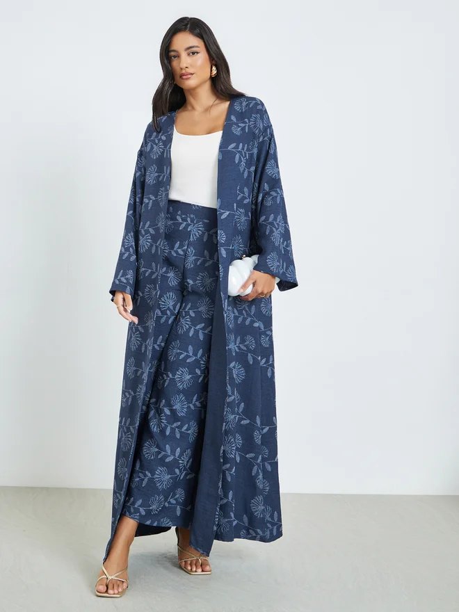 Floral Kimono and Pants Co-ords Navy Blue