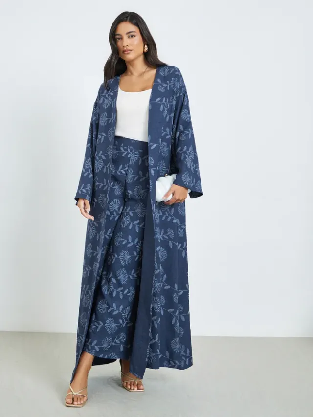 Floral Kimono and Pants Co-ords Navy Blue