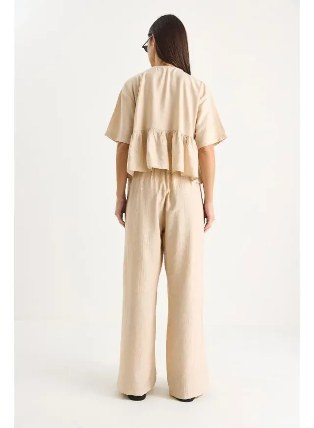 Peplum Tie-Up Top & Pant Coord Set Beige – image 2