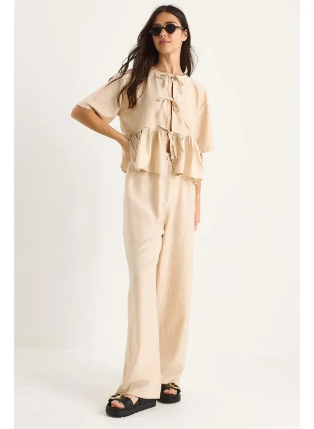 Peplum Tie-Up Top & Pant Coord Set Beige – image 4