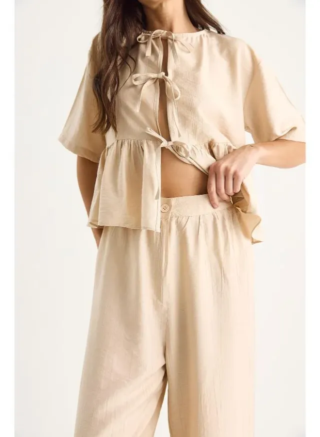 Peplum Tie-Up Top & Pant Coord Set Beige – image 5