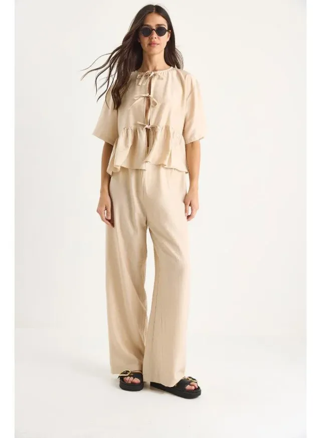 Peplum Tie-Up Top & Pant Coord Set Beige – image 6