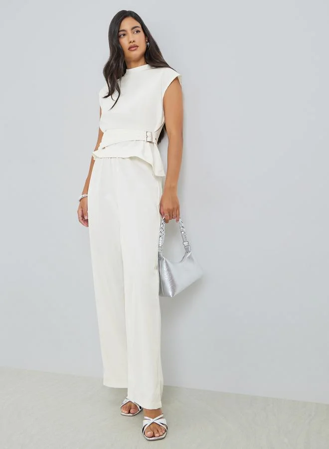 Asymmetric Top Wide Leg Pants Set Beige