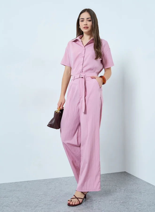 Solid Short Sleeve Shirt & Belted Wide Leg Pants Set