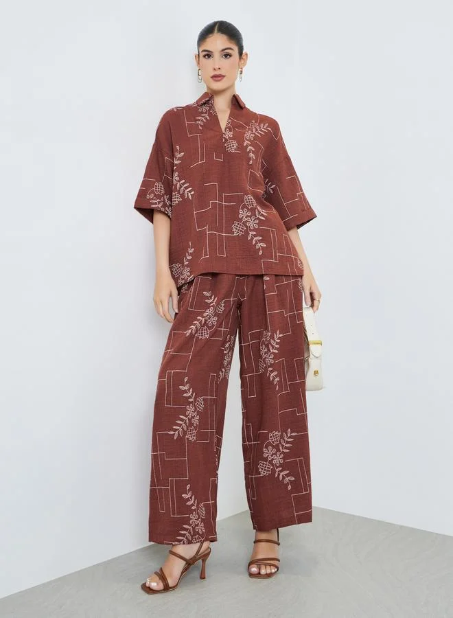 Floral Print Open Collar Top & Pants Set, Rust