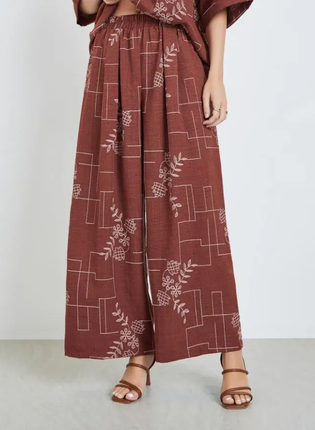 Floral Print Open Collar Top & Pants Set, Rust – image 5