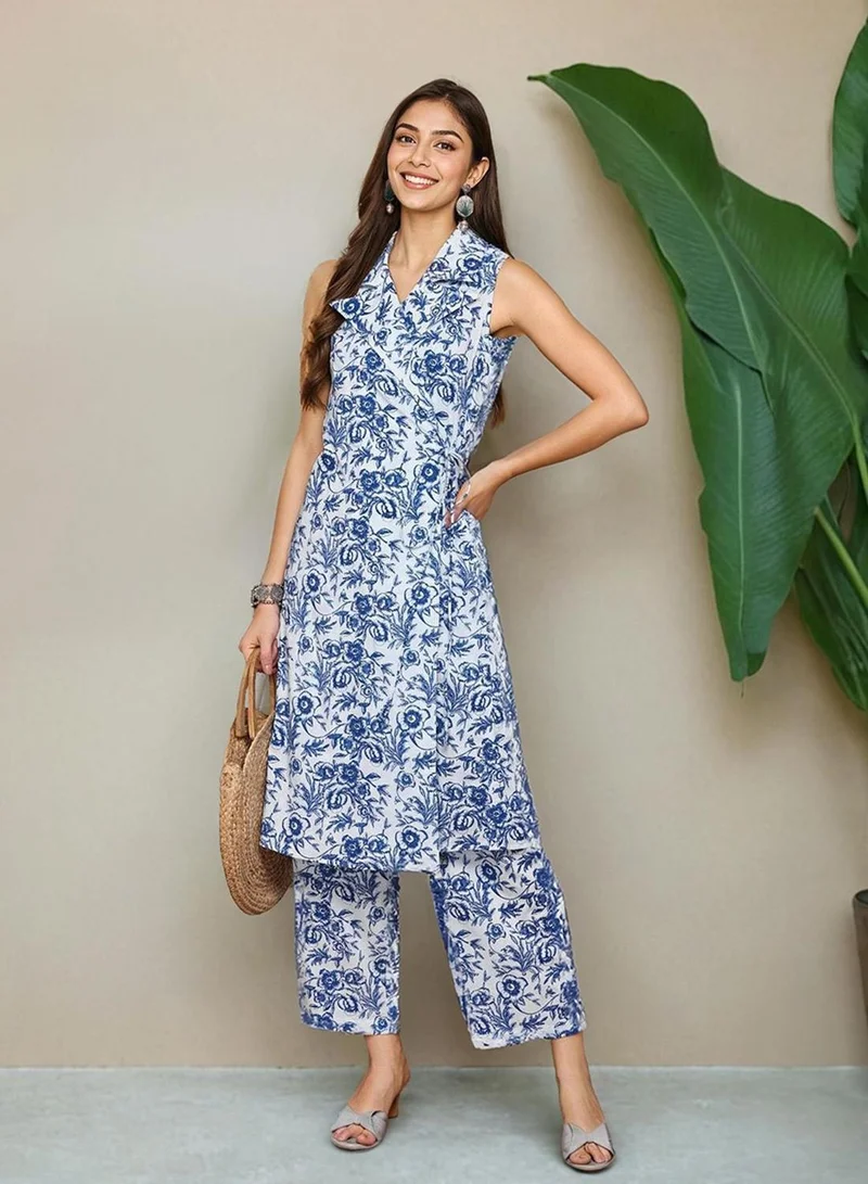 Women's Embellished Cotton Blend Straight Fit Tunic Palazzo Co-Ord Set Indigo Blue