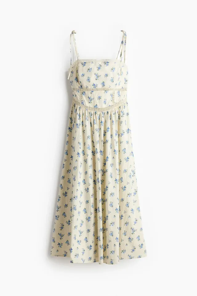 White Floral A-Line Midi Dress with Tie-Straps (Cotton) – image 6
