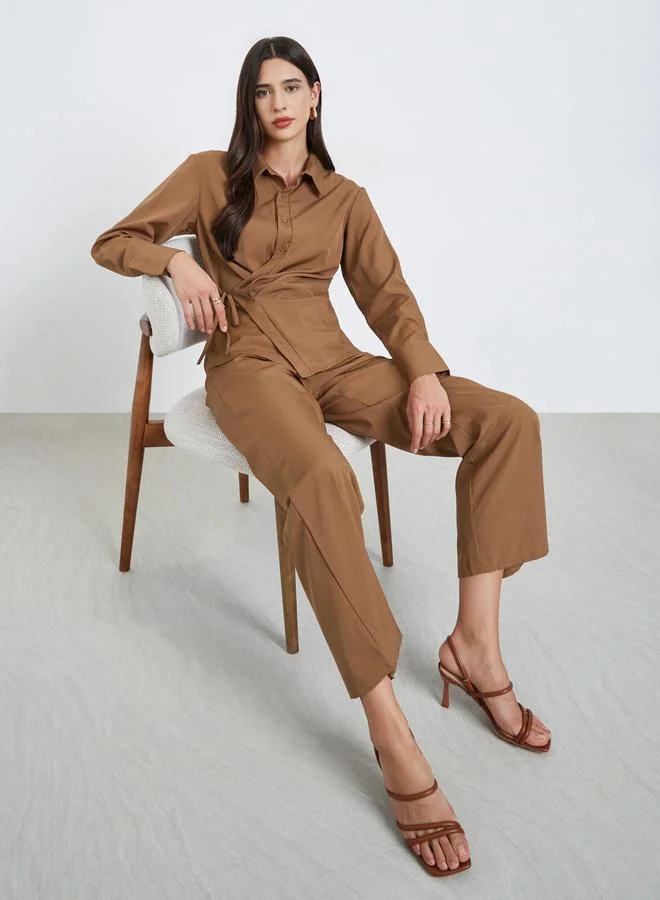 Asymmetric Wrap Shirt & Pants Co-Ord Brown