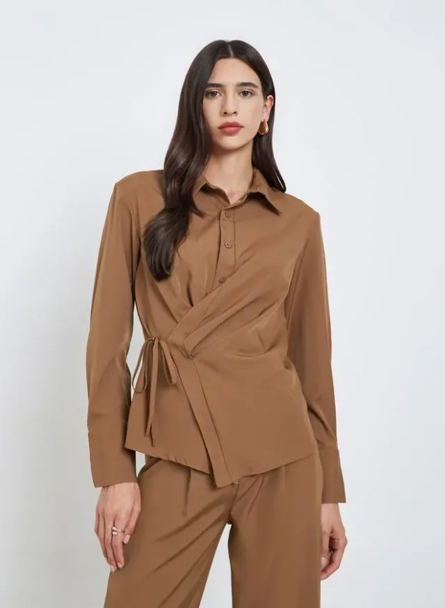 Asymmetric Wrap Shirt & Pants Co-Ord Brown – image 3