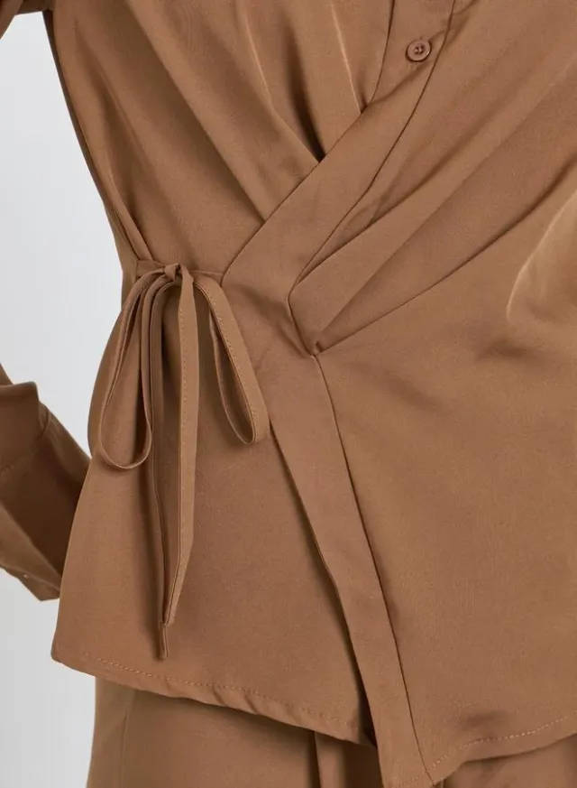 Asymmetric Wrap Shirt & Pants Co-Ord Brown – image 4