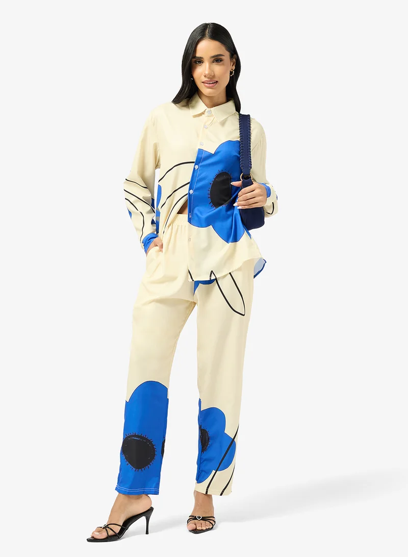 Oversize Satin Floral Print Shirt & Pant Set