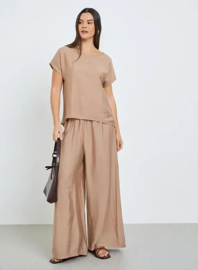 Top and Wide Leg Pants Co-ord Set Beige