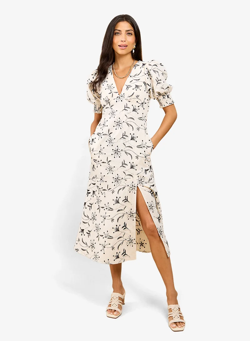Embroidered Midi Dress, Natural