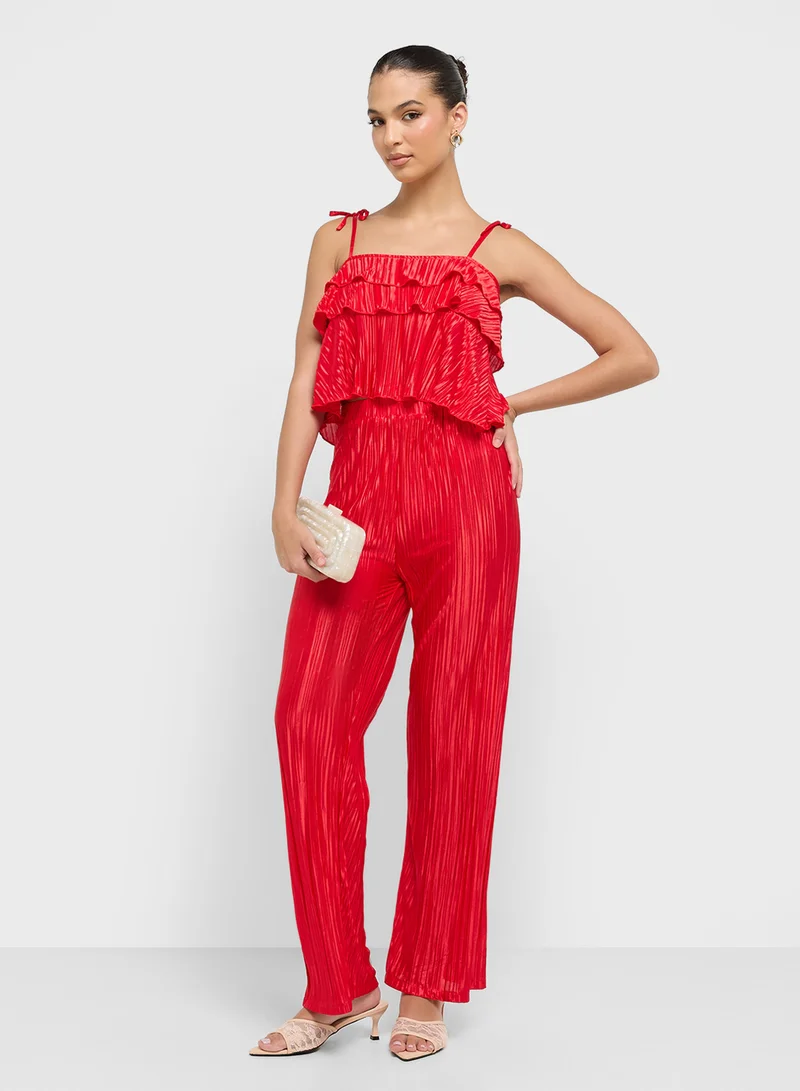 Ruffle Plisse Crop Top & Co-Ord Pant Set