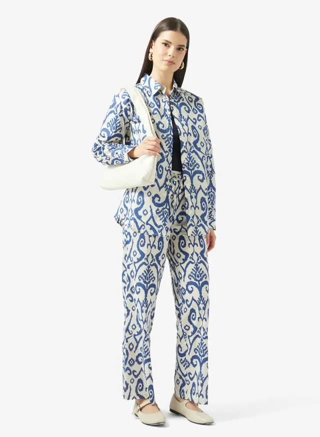 Blue Printed Co-ord Set for Women - Long Sleeves, Wide-Leg Pants – image 5