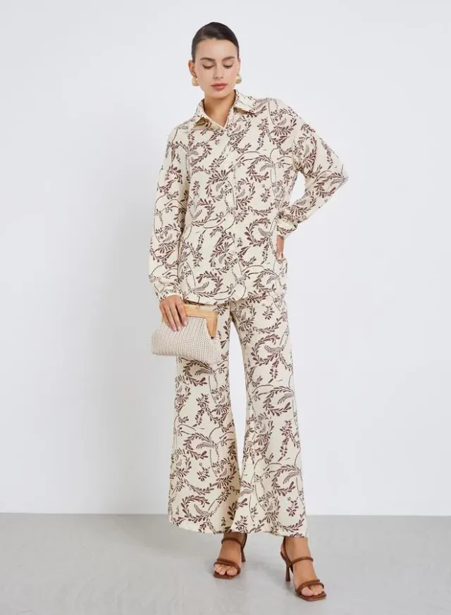 Leaf Print Oversized Shirt Flared Pants Set