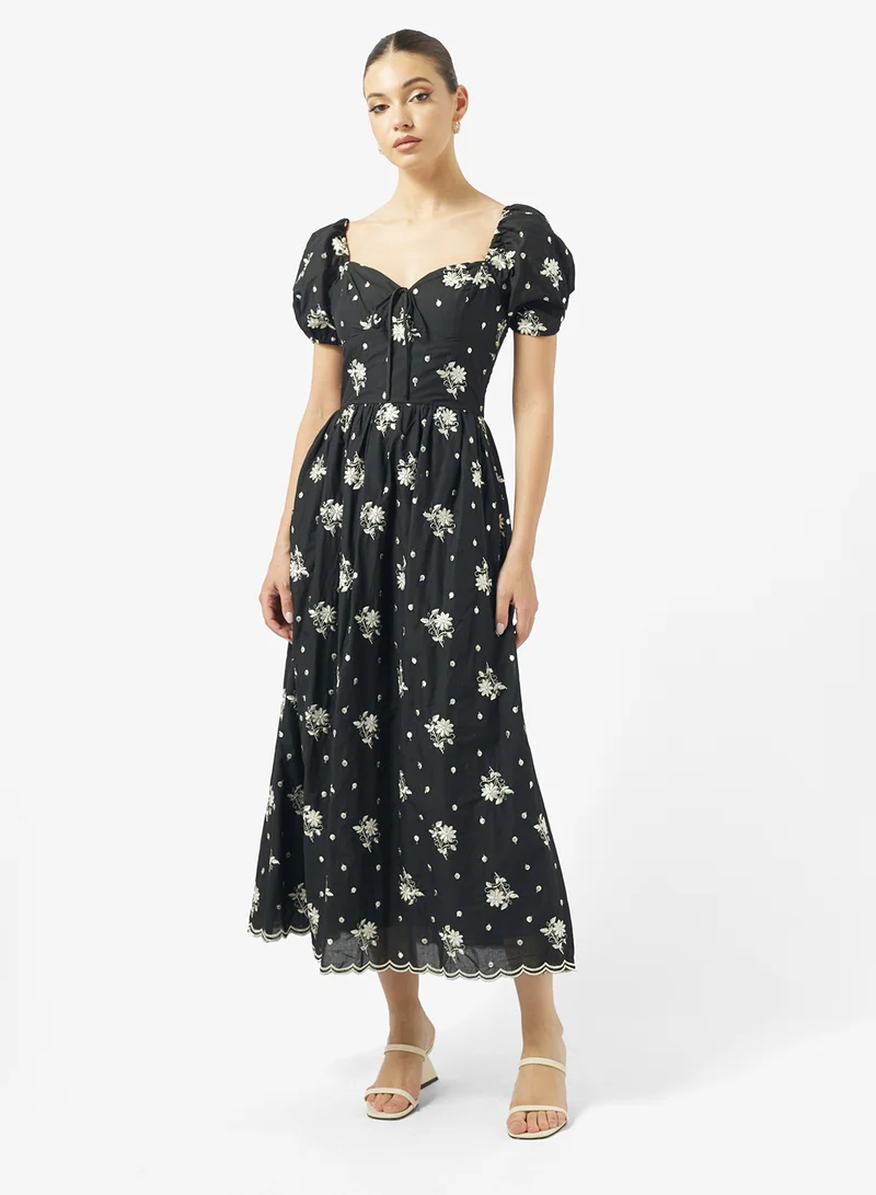 Printed Puff Sleeve Midi Dress