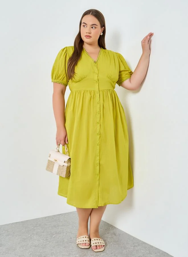 Plus Size Cotton Midi Puff Sleeve Dress