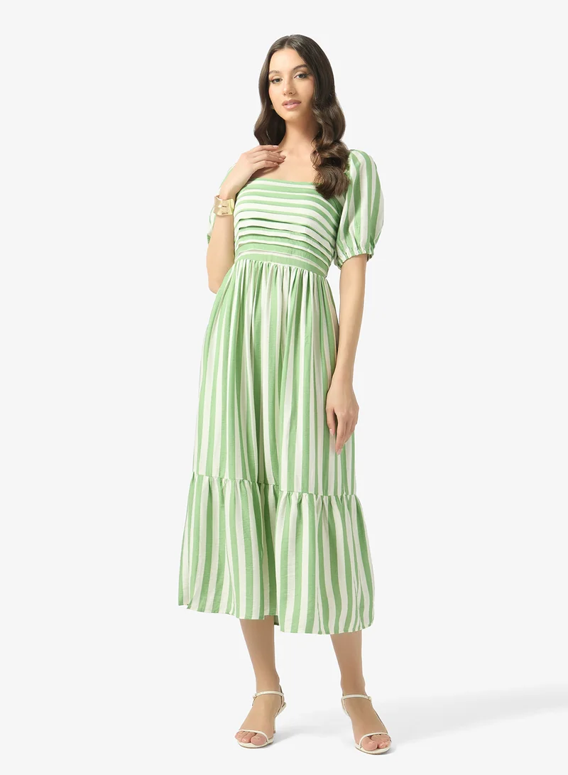 Striped Puff Sleeve Midi Dress