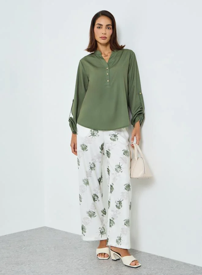 Women Roll-Up Sleeve Top & Floral Print Pants Set
