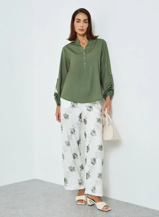 Women Roll-Up Sleeve Top & Floral Print Pants Set