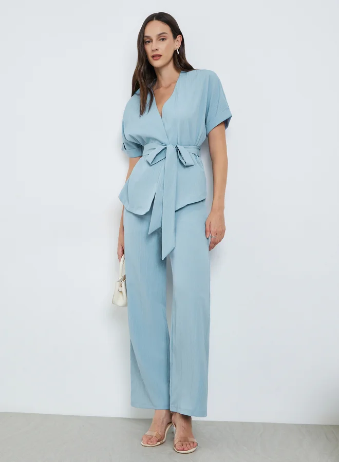 Textured Waist Tie Co-Ords Blue